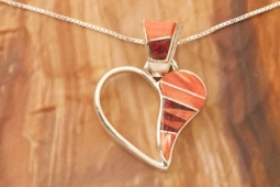 Calvin Begay Genuine Fire Spiny Oyster Shell Sterling Silver Open Heart Pendant